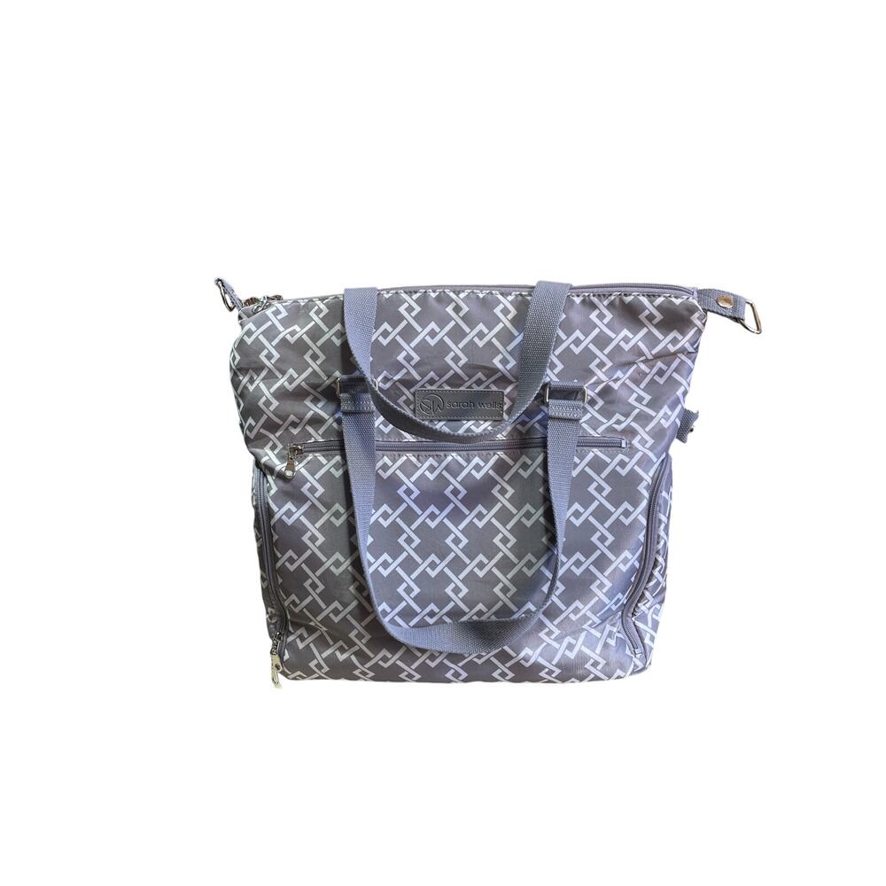 Sarah Wells Pump Bag Gray Geometric Diaper Tote Multi Pocket Nylon Laptop Baby